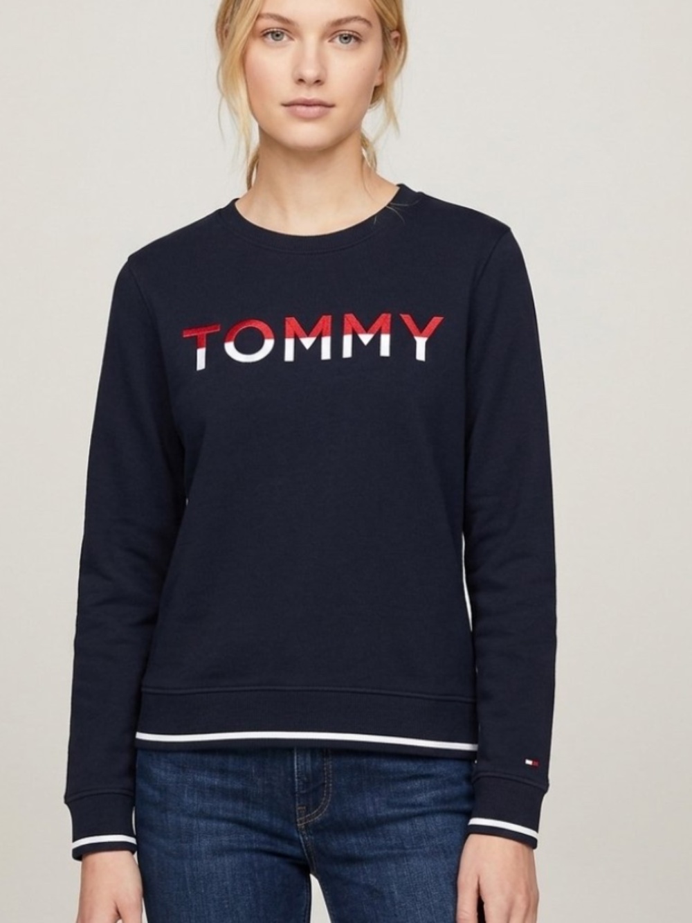Tommy Hilfiger Navy Blue Colorblock Logo Crewneck Sweatshirt Size Medium